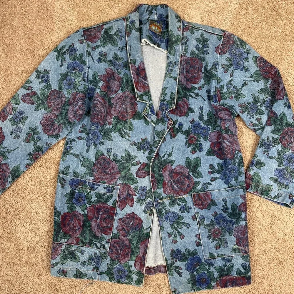 JOUJOU Blazer Womens S Blue Denim Floral Vintage 80s Oversized Boxy Long Jacket - Picture 1 of 13